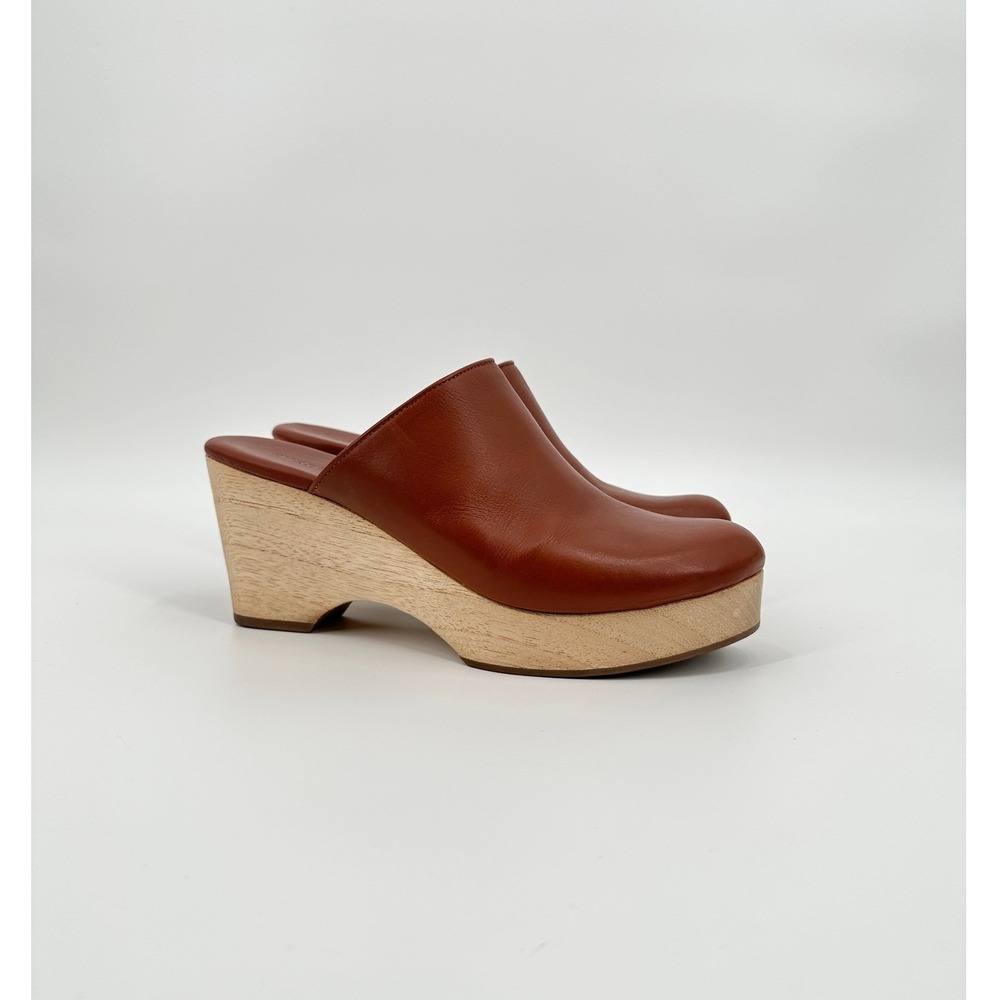 Everlane Womens The Clog Cognac Brown Leather Wood Platform Wedge Mules 9M